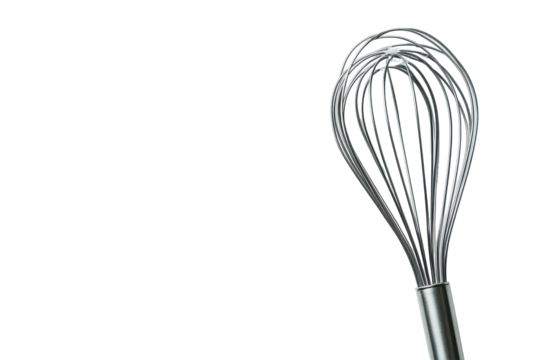 Shiny metal whisk kitchen utensil isolated on transparent background. Steel whisk designed for mixing and whisking ingredients isolated on white background.