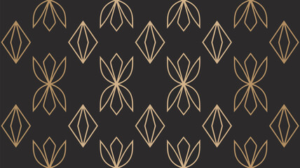 Gold geometric patterns on a dark background featuring diamond and floral like shapes in a seamless repeat