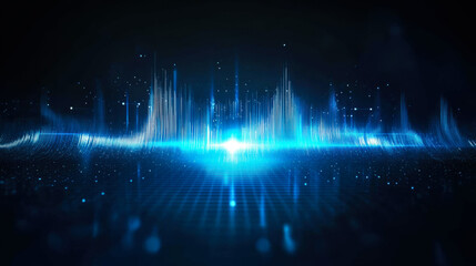 Digital sound waves animated with brilliant blue lights representing audio frequencies in a modern design