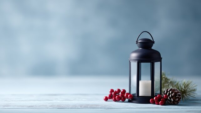 Christmas lantern with festive decorations, placed on blue wooden background, studio shot, high-detail holiday scene - Powered by Adobe