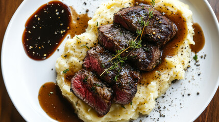 Savory grilled steak served on a bed of creamy mashed potatoes with rich gravy and fresh herbs