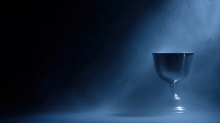 silver trophy award in dark setting, surrounded by smoke, dramatic blue lighting, competition and victory concept