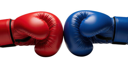 Red and blue boxing gloves facing each other isolated on transparent background