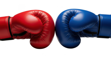 Red and blue boxing gloves facing each other isolated on transparent background