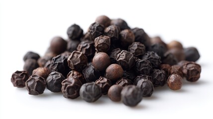 Obraz premium pile of black peppercorns, isolated on white background, detailed and natural texture