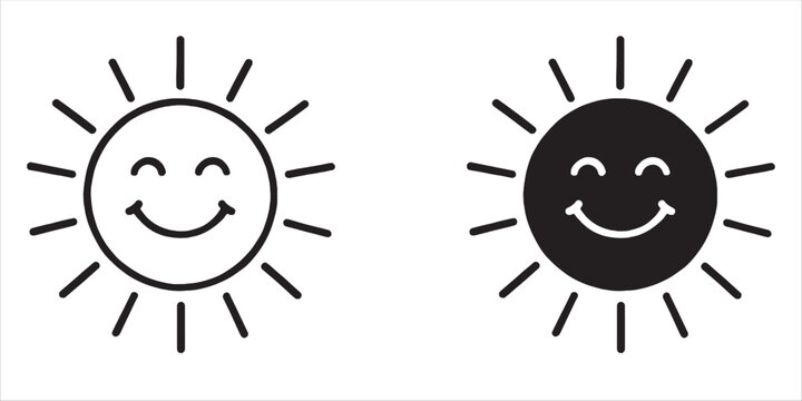  black and white line drawling of a sun with a smiling face. kids drawing. friendly and cute