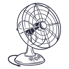 Vintage desk fan illustration with a retro design featuring a metal grille oscillating head and simple controls on a round base perfect for cooling and nostalgic themes