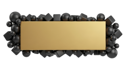 Golden rectangular frame surrounded by a scattered assortment of black spheres and cubes on a white background, abstract design