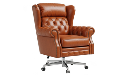 Classic brown leather wingback office chair isolated on transparent background