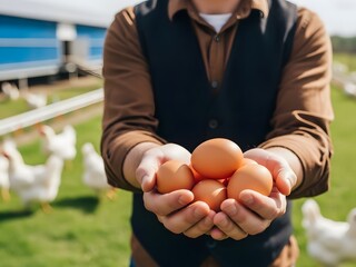 Organic farmer holding fresh brown eggs in hands on a free range chicken farm outdoor