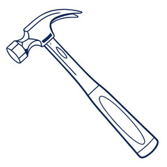 A simple outline drawing of a claw hammer with a dark blue line on a white background representing a common tool for construction and diy projects