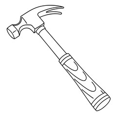 A simple black and white line drawing illustration of a claw hammer tool isolated on a white background perfect for diy projects and construction themes