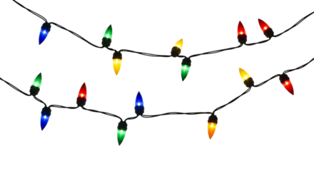 String of colorful incandescent christmas light bulbs isolated on transparent background