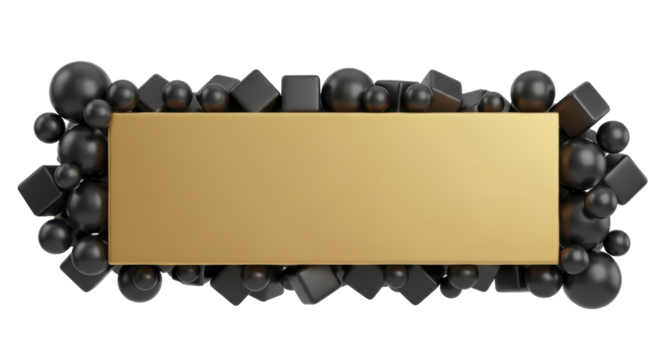 Golden rectangular frame surrounded by a scattered assortment of black spheres and cubes on a white background, abstract design