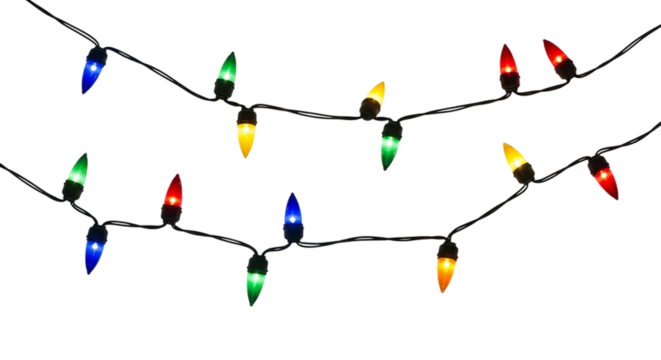 String of colorful incandescent christmas light bulbs isolated on transparent background
