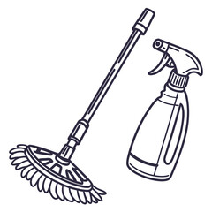 A simple hand drawn line art illustration of a mop and a spray bottle representing cleaning supplies and household chores