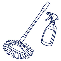 A simple line drawing of a cleaning mop with a fluffy head and a spray bottle filled with cleaning solution isolated on a white background