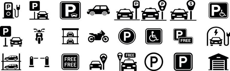 Parking icons set with symbols for various vehicle services