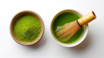 A vibrant matcha green tea setup featuring matcha powder in a wooden bowl and a whisk resting in a bowl of prepared tea. Ideal for tea lovers and healthy lifestyle enthusiasts. AI