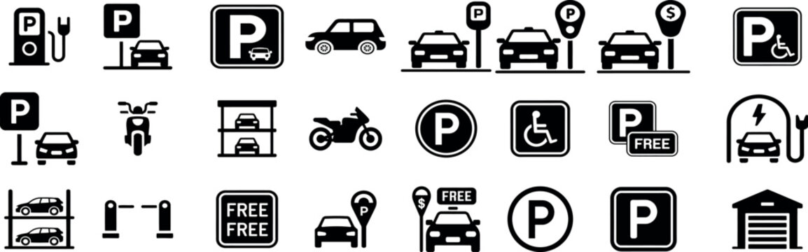Parking icons set with symbols for various vehicle services