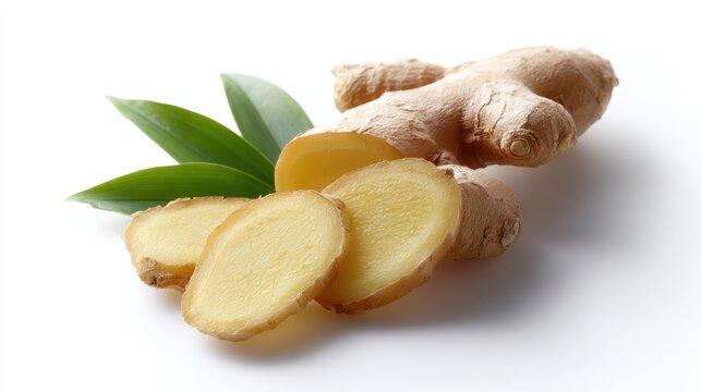 fresh ginger rhizome with slices and green leaves, isolated on white background, vibrant and detailed