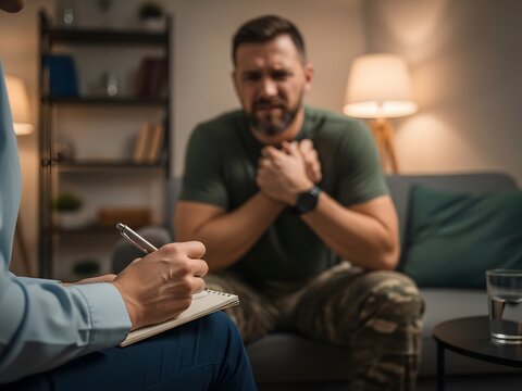 Depressed man in military pants clutching chest during psychology therapy session with counselor. - Powered by Adobe