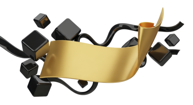 Elegant 3D design concept a gleaming golden ribbon banner dynamically framed by glossy black cubes and fluid decorative lines, creating a luxurious and sophisticated visual for modern branding