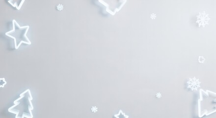 Fototapeta premium Elegant minimalist Christmas background with glowing white neon outlines of trees and stars, complemented by delicate snowflakes on a light grey surface, ideal for winter holiday designs.