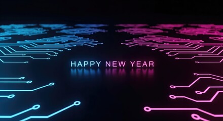 HAPPY NEW YEAR glowing neon text on futuristic circuit board background with blue and pink digital lines, technology concept for holiday greeting card design