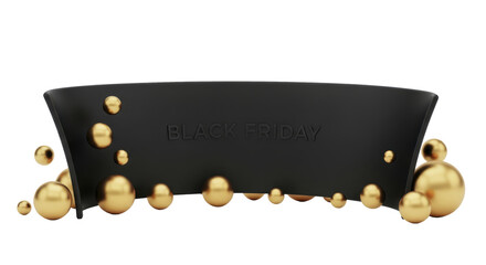 Chic black banner graphic for a major retail promotion, elegantly surrounded by scattered golden metallic spheres, symbolizing a grand shopping event with special offers