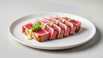Seared Tuna Slices with Wasabi Aioli and Cilantro Garnish on Whi