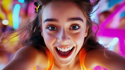 Young girl is smiling brightly with an open mouth, showing teeth, in front of a blurry neon lit background.