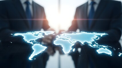 Businessmen holding holographic world map representing global business and international connections