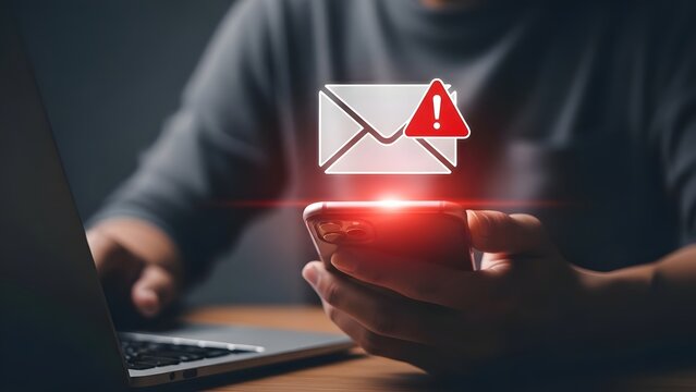Phishing scam alert man checking email on phone and laptop