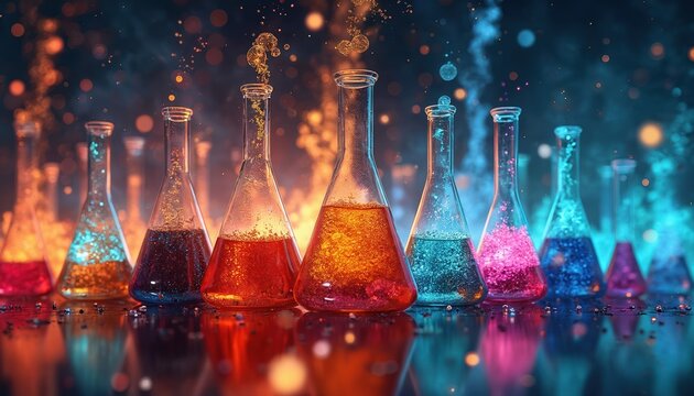 Colorful flasks with bubbling liquids. Science lab with vibrant chemical reactions in process. Experiment with different colors. Scientific research background for education. Chemistry concept,