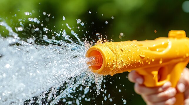 Yellow plastic water gun is being held and shooting water out in front of a blurry green background.