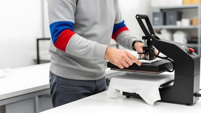 Male worker pressing white t-shirt on heat press machine in printing workshop for custom apparel.