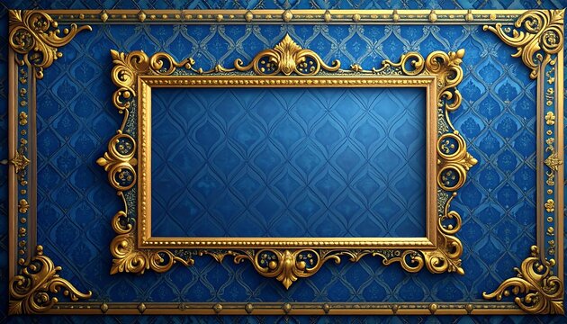 Empty ornate gold frame on textured blue wall. Elegant background with decorative motifs and royal feeling