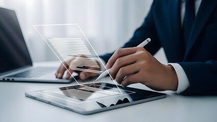 Businessman analyzing data on tablet with digital pen in office