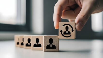 Hand placing wooden block with employee turnover icon in a row