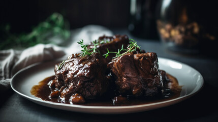 Rich, dark braised beef short ribs served on a white plate with a savory brown sauce and fresh thyme garnish