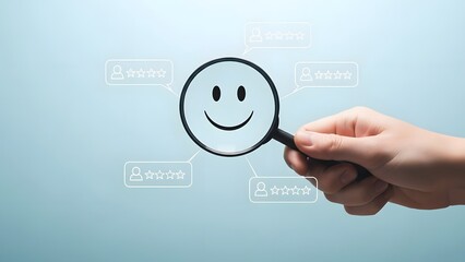 Hand holding magnifying glass over smiling face on blue background