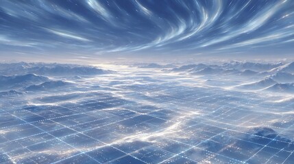 Abstract Blue Ocean Waves with Grid Overlay.