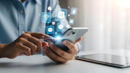 Man using smartphone with social media icons and digital technology concept