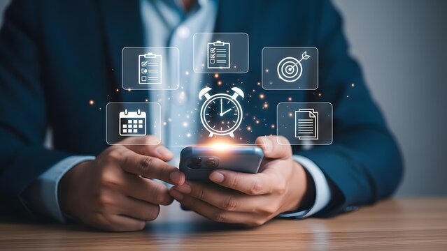 Businessman using smartphone with digital business process management interface overlay - Powered by Adobe