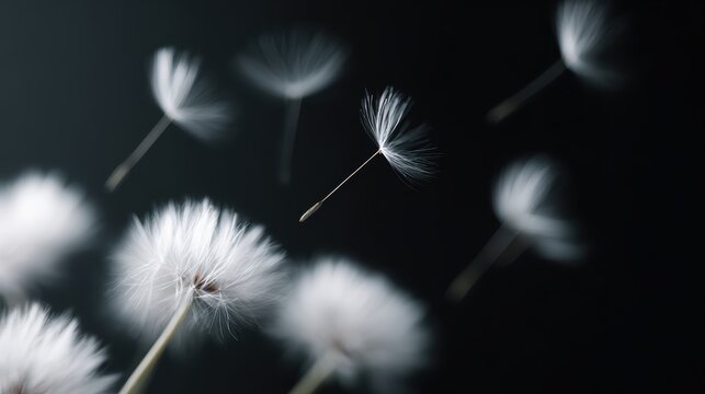 close-up of dandelion dispersing seeds, dark black backdrop, airy and elegant motion