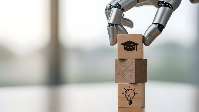 Robot hand stacking wooden blocks with education and innovation symbols
