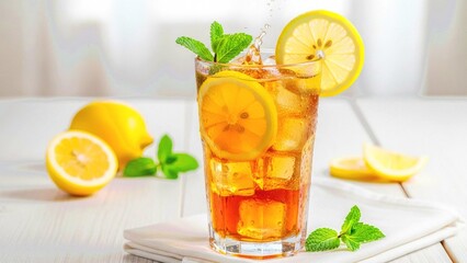Fototapeta premium Refreshing iced tea with lemon slices and mint sprigs on a brigh