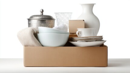 box of second-hand items, assorted household goods for yard sale or charity, isolated on white background, room for text