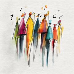 Vibrant watercolor abstract painting depicting a diverse group of singers in colorful attire performing music with floating musical notes